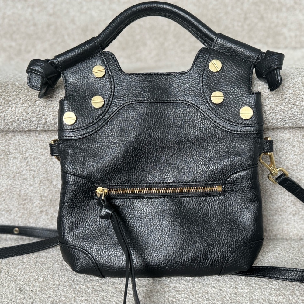 Foley + Corinna Black Leather Lady Petite Crossbody with Gold Accents